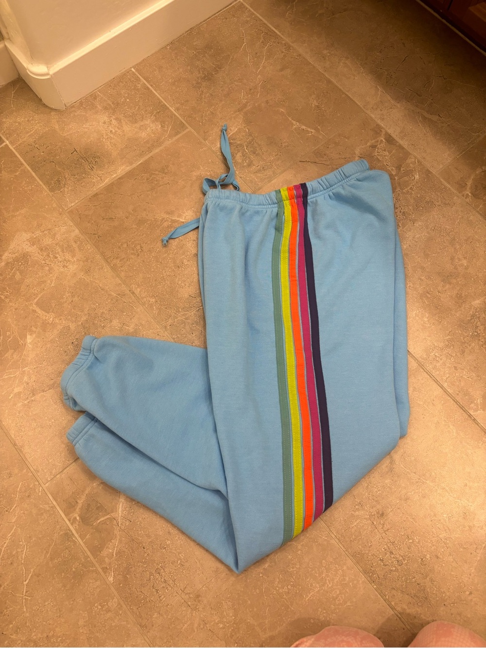 Aviator Nation Light Blue Joggers with Rainbow Side Stripes - Picture 2 of 5